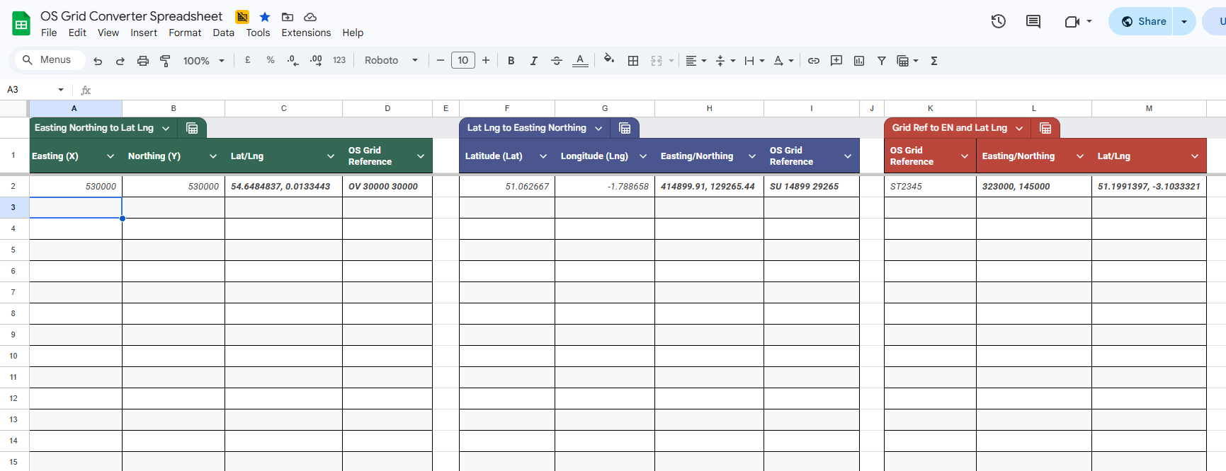 Coordinate conversion spreadsheet showing lat lon, eastings northings and grid reference tables