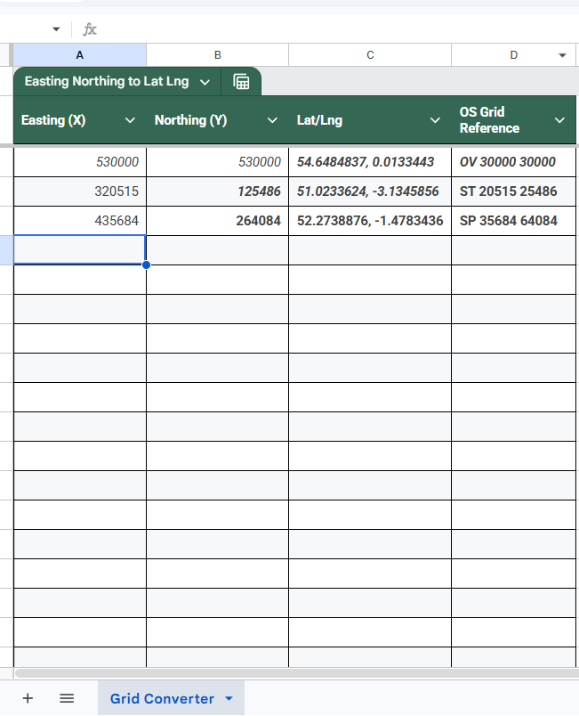Coordinate conversion spreadsheet for UK eastings northings and grid references